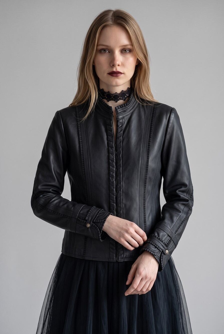 Vintage Whimsigoth Steampunk Romantic Black Leather Lambskin Jacket Large